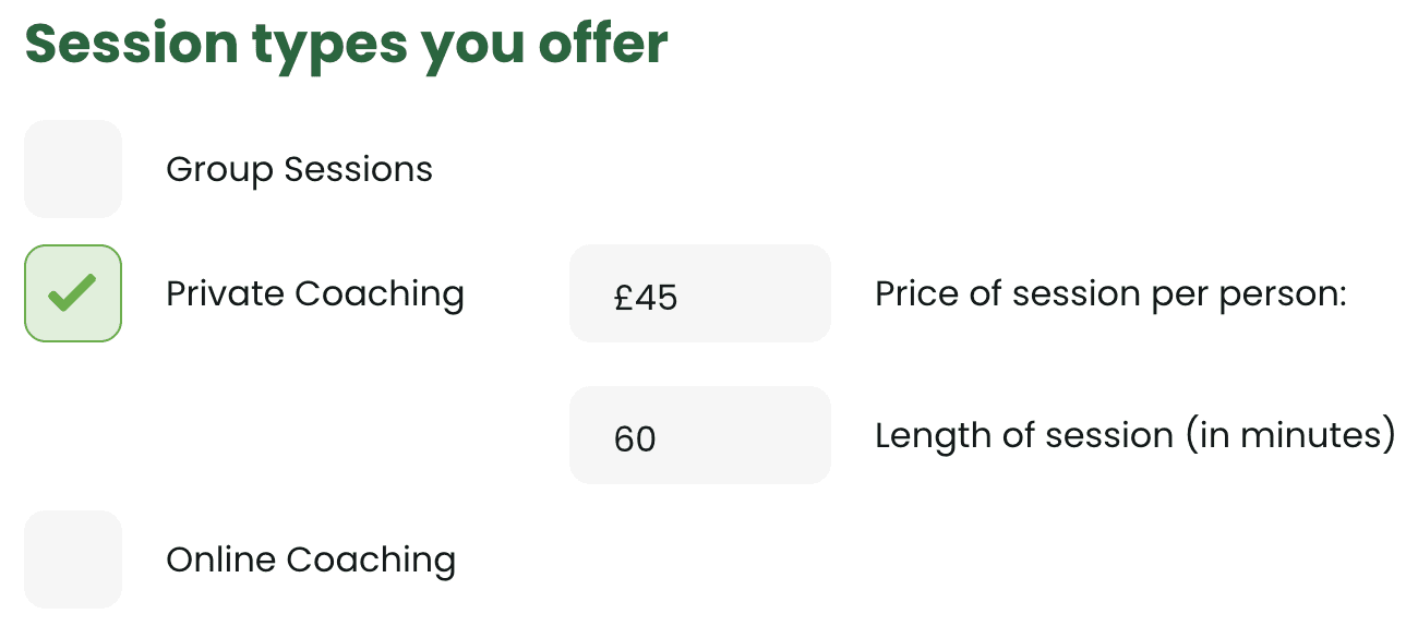Add the type of coaching sessions you offer